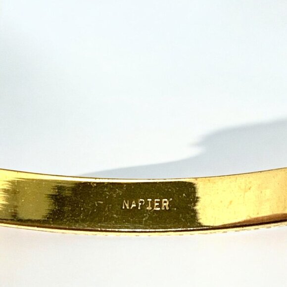 Napier Gold Tone & White Enamel Vintage Bangle Bracelet 2.5" Wide - Picture 2 of 6
